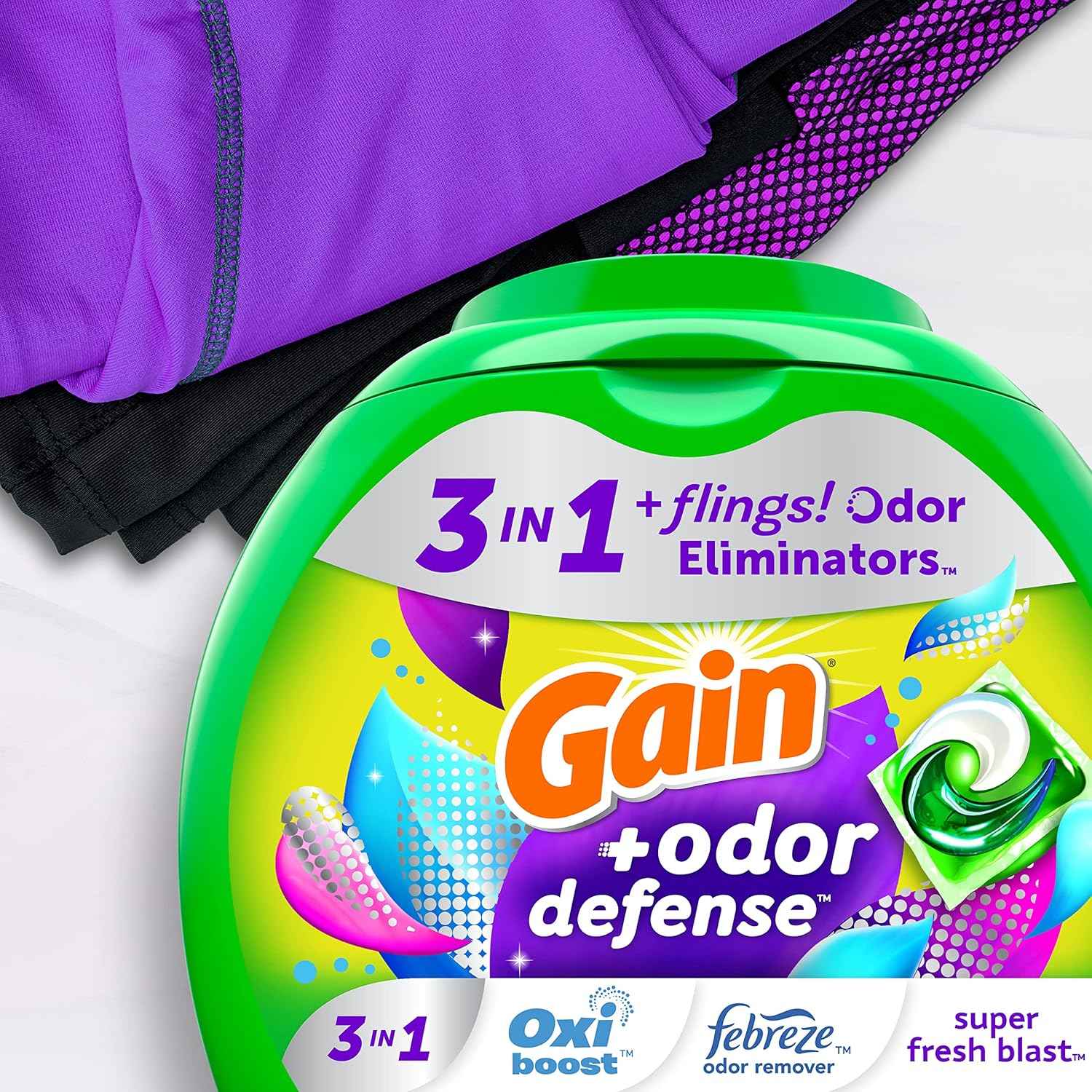 Gain Flings Laundry Detergent Pacs with Odor Defense, Super Fresh Blast Scent, HE 3in1 with Febreze and Oxi