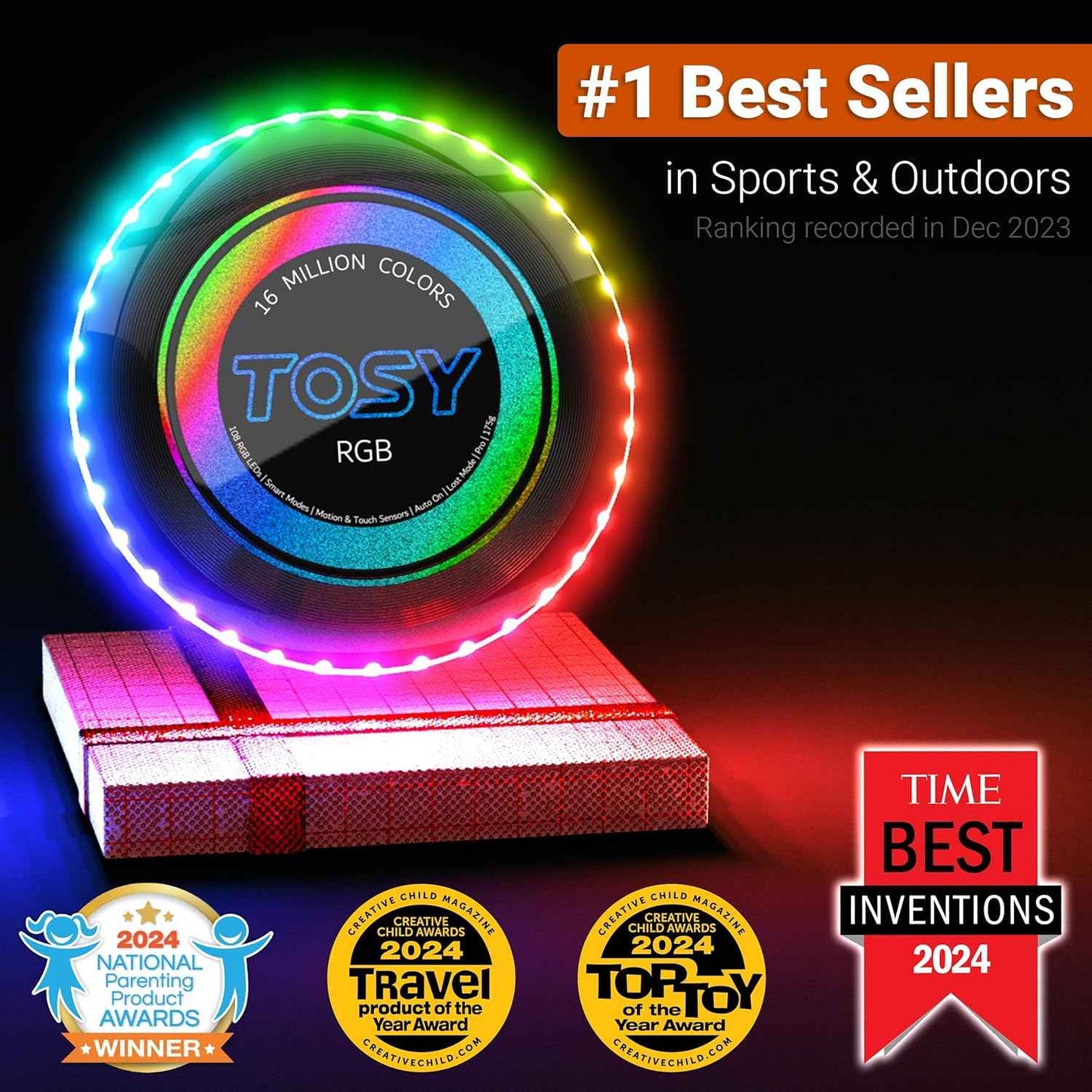 TOSY Flying Disc - 108 RGB Multicolor or 36 Monocolor LEDs, Super Bright, Smart Modes, Easter Basket Stuffers Gift, Camping Toy for Kid/Teen/Adult, Auto Light Up, Rechargeable, Waterproof, 175g