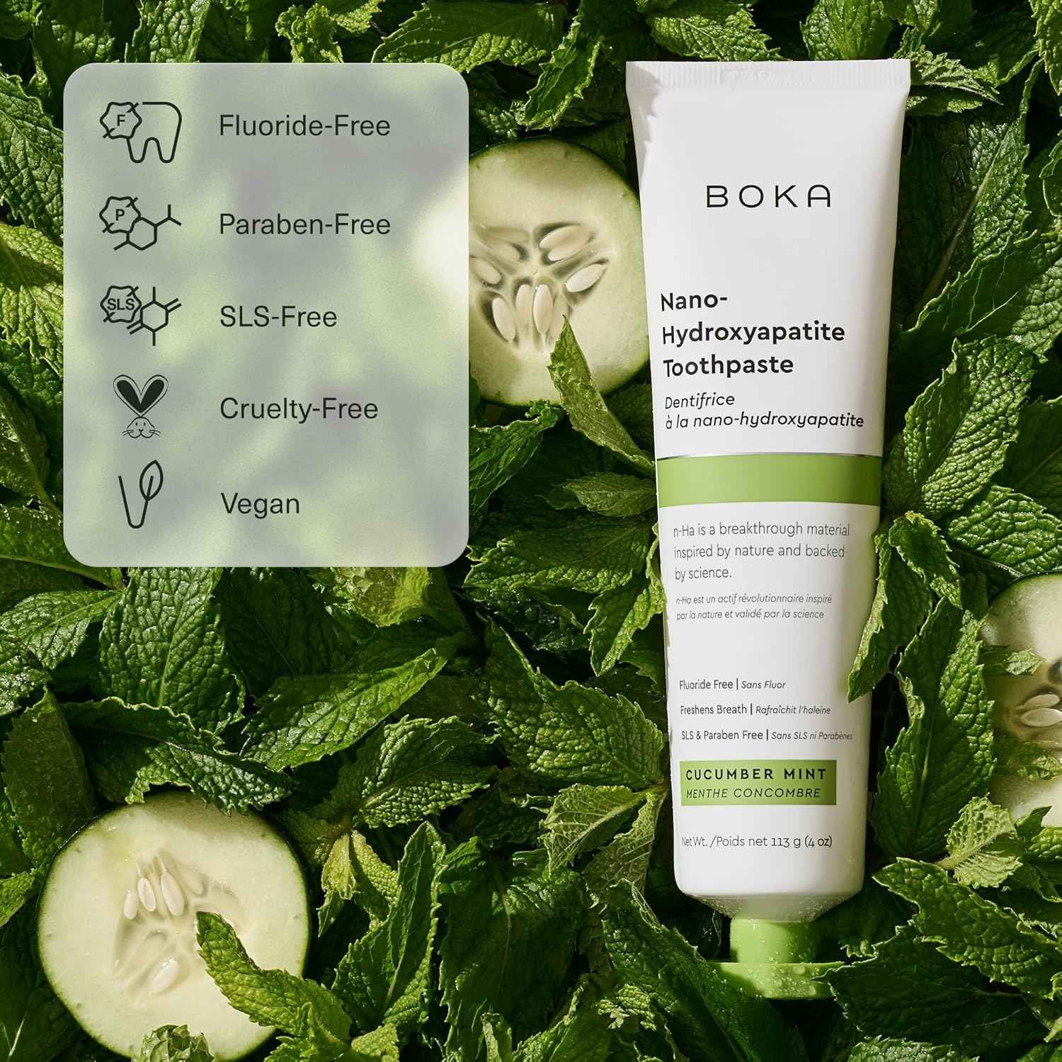 Boka Fluoride Free Toothpaste, Nano Hydroxyapatite Toothpaste, Appropriate for Sensitive Teeth - for Adult, Kids Oral Care - Cucumber Mint Flavor, 4 Fl Oz 1Pk