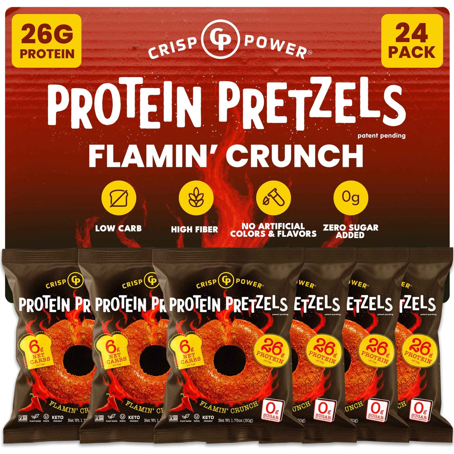 CRISP POWER Protein Pretzels, Variety Pack With Sea Salt, Sesame, & Everything, Up To 28G Protein, High Protein Snack, High Fiber, Low Carb Crunchy Pretzel Snacks, No Added Sugar, 1.75 oz Bags, 6 Pack, Vegan, Keto