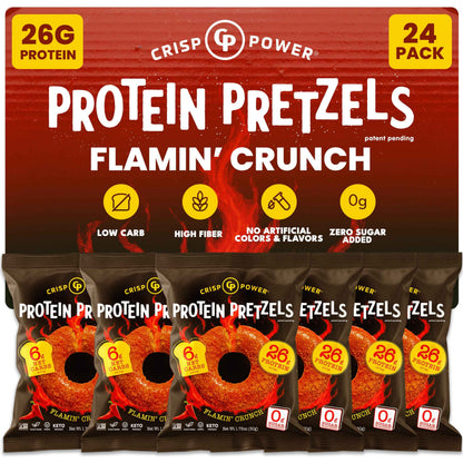 CRISP POWER Protein Pretzels, Variety Pack With Sea Salt, Sesame, & Everything, Up To 28G Protein, High Protein Snack, High Fiber, Low Carb Crunchy Pretzel Snacks, No Added Sugar, 1.75 oz Bags, 6 Pack, Vegan, Keto