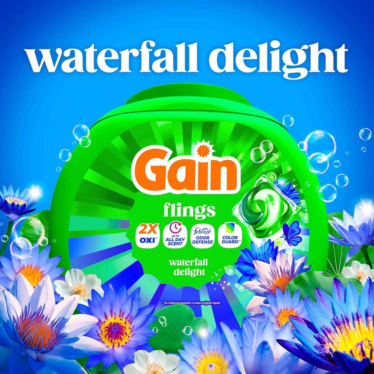 Gain Flings Liquid Washing Detergent Pacs, Now with Odor Defense + Color Guard, Waterfall Delight Scent, 4-In-1 Liquid Laundry Detergent Pods, Clean & Fresh