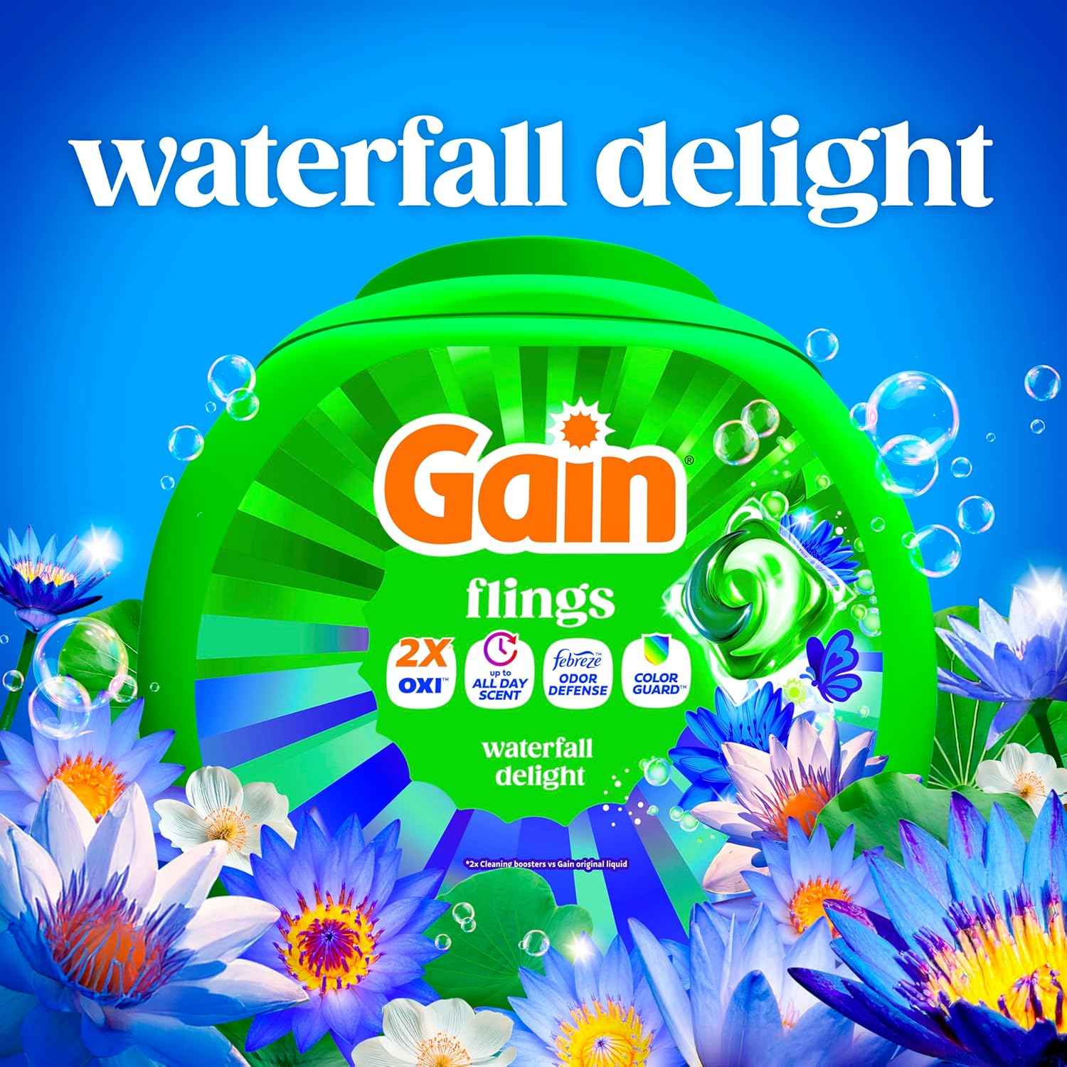Gain Flings Liquid Washing Detergent Pacs, Now with Odor Defense + Color Guard, Waterfall Delight Scent, 4-In-1 Liquid Laundry Detergent Pods, Clean & Fresh