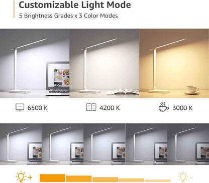 Lepro LED Desk Lamp with USB – Slim Matte White Task Light for Uncluttered Nightstands and Modern Desks