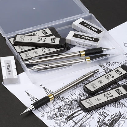Metal_Mechanical_Pencil_Set_-_3PCS_0.7mm_Art_Mechanical_Pencils_&_360PCS_HB_Lead_Refills_&_3PCS_Erasers_&_9PCS_Eraser_Refills,_Drawing_Mechanical_Pencils_for_Writing,_Sketching-With_Case