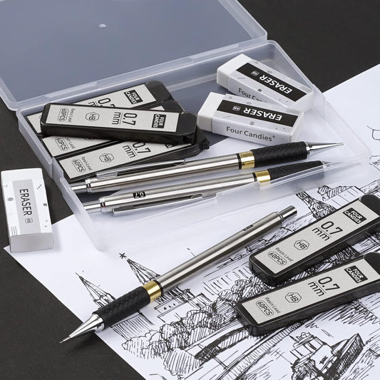 Metal_Mechanical_Pencil_Set_-_3PCS_0.7mm_Art_Mechanical_Pencils_&_360PCS_HB_Lead_Refills_&_3PCS_Erasers_&_9PCS_Eraser_Refills,_Drawing_Mechanical_Pencils_for_Writing,_Sketching-With_Case