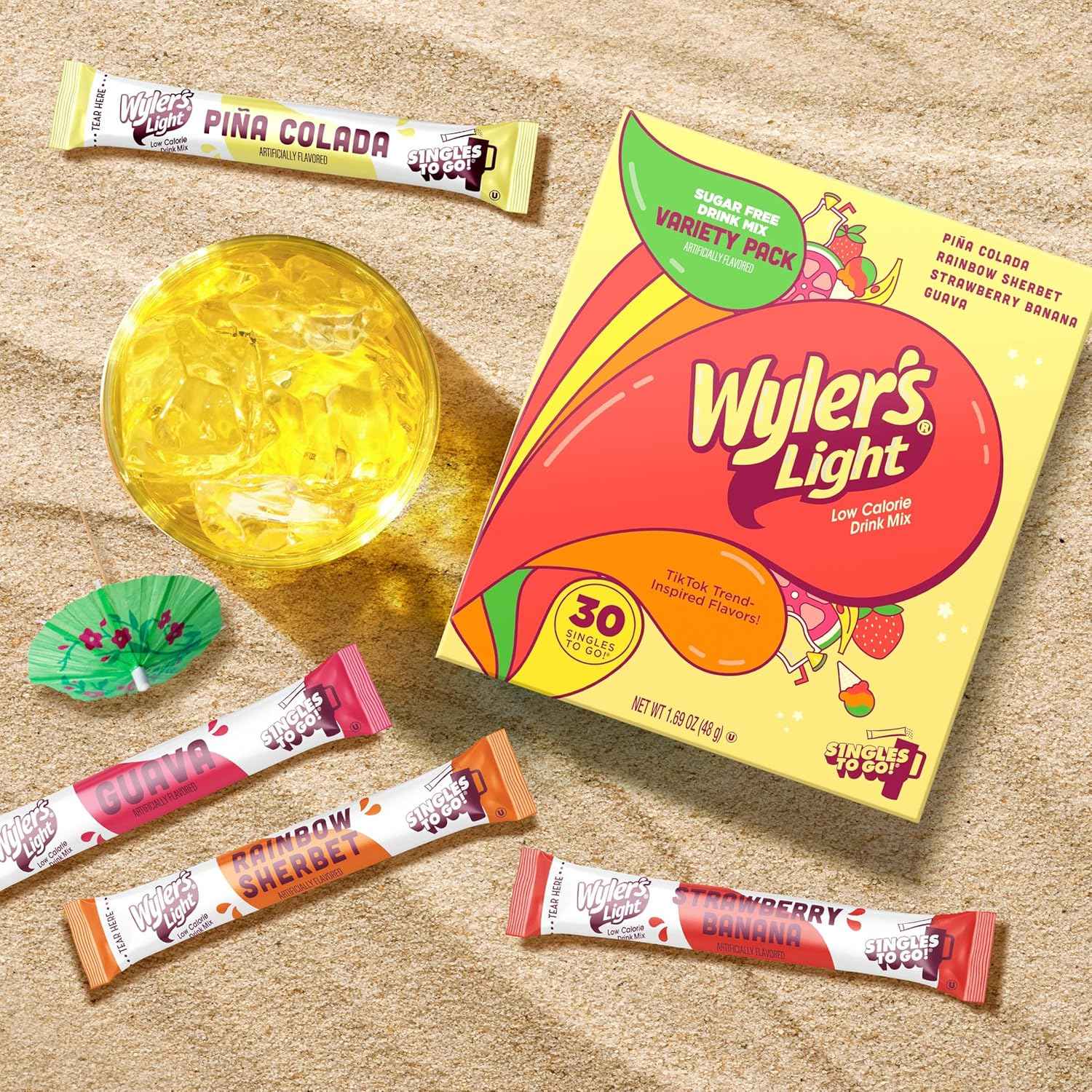Wyler’s Light Variety Pack, Singles To Go Sugar Free Drink Mix, Low Calorie Water Enhancer, 30 Sticks, Piña Colada, Rainbow Sherbet, Strawberry Banana, Guava