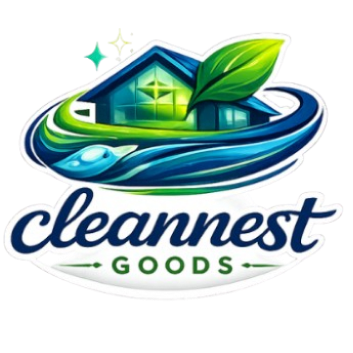 Logo for 'cleannest Goods' with a house, leaves, and water design on a white background.