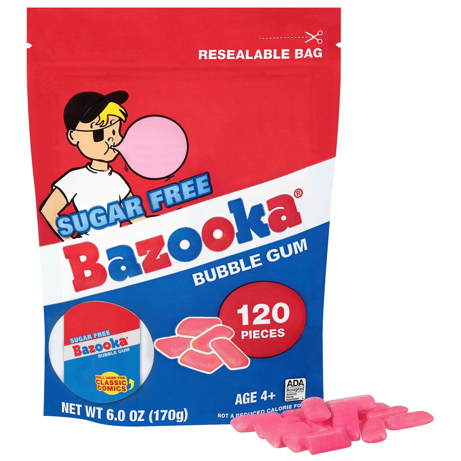 Bazooka_Bubble_Gum_Sugar-Free_Chewing_Gum_Pellets,_Bulk_Gum_in_Resealable_Bag,_120_Ct_in_Original_Pink_Flavor,_Sugar_Free_Bulk,_Baseball_Party_Favors,_Nostalgic_90s_Candy