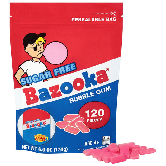 Bazooka_Bubble_Gum_Sugar-Free_Chewing_Gum_Pellets,_Bulk_Gum_in_Resealable_Bag,_120_Ct_in_Original_Pink_Flavor,_Sugar_Free_Bulk,_Baseball_Party_Favors,_Nostalgic_90s_Candy