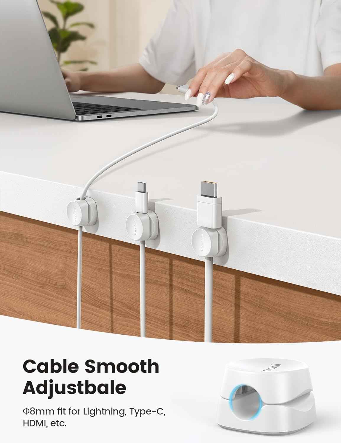 Lamicall 1s Lock Cord Organizer - Practical Housewarming Gift for Him and Her, Adhesive Spring Cable Clips, 8-Pack, White