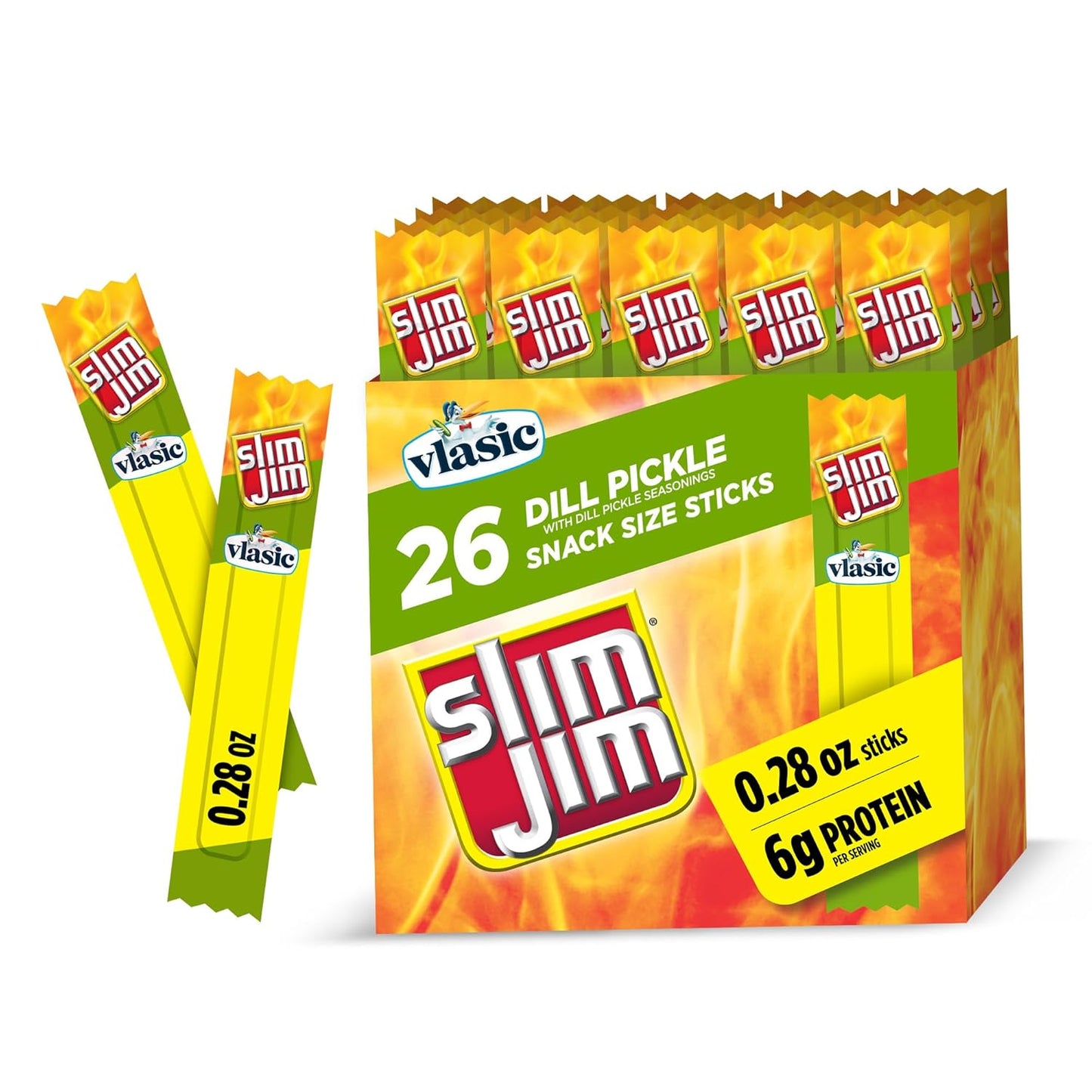Slim_Jim_Smoked_Meat_Sticks,_Vlasic_Dill_Pickle_Flavor,_6g_Protein_Per_Serving,_Snack_Size,_Camping_Snack,_0.28_oz._(26_Count)