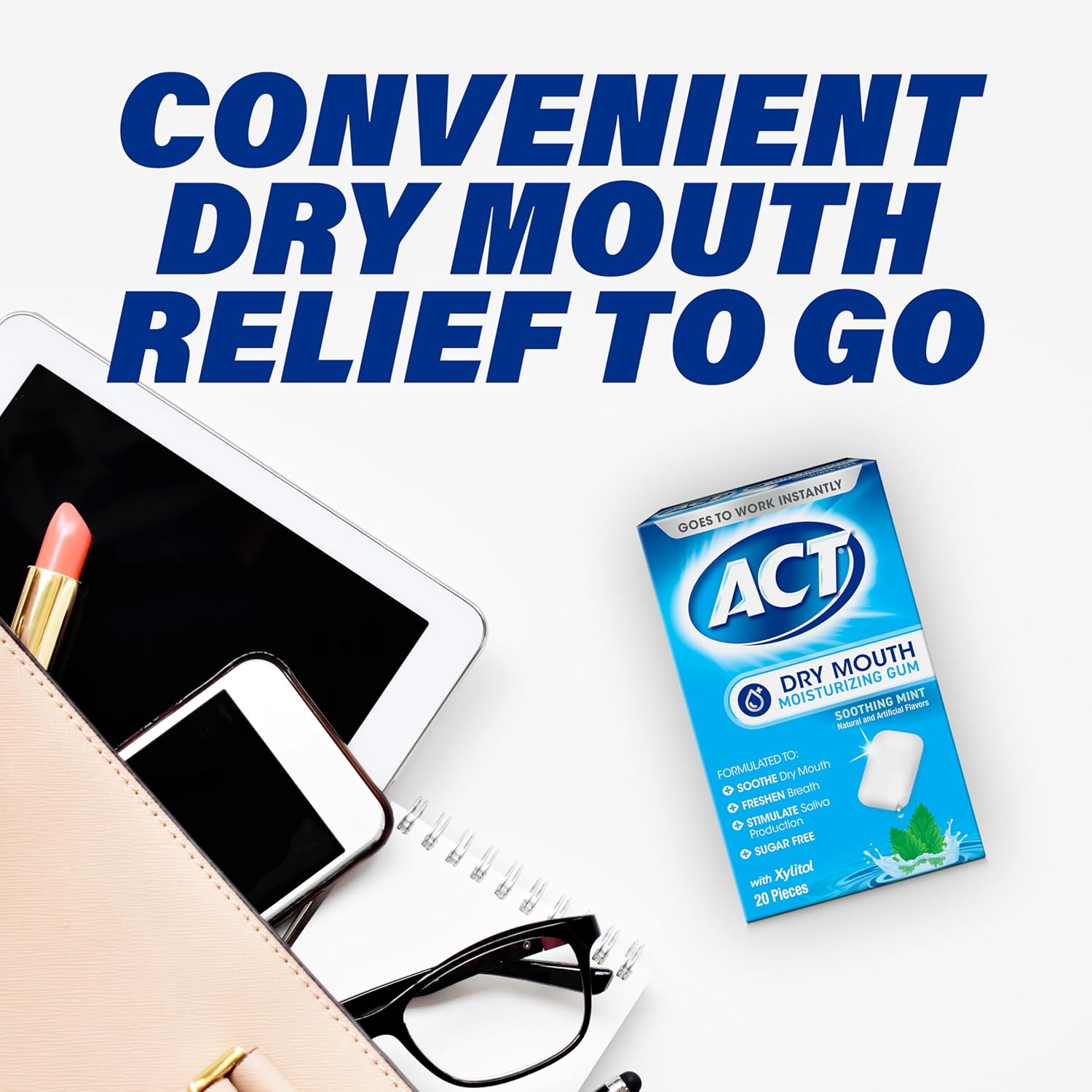 ACT Dry Mouth Gum – Travel Bag Companion for Flight and Road Trip Hydration, Soothing Mint