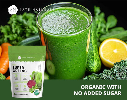 Kate Naturals Organic Super Greens Powder – Daily Wellness Ritual with Probiotics and Fiber for Smoothies and Morning Self Care