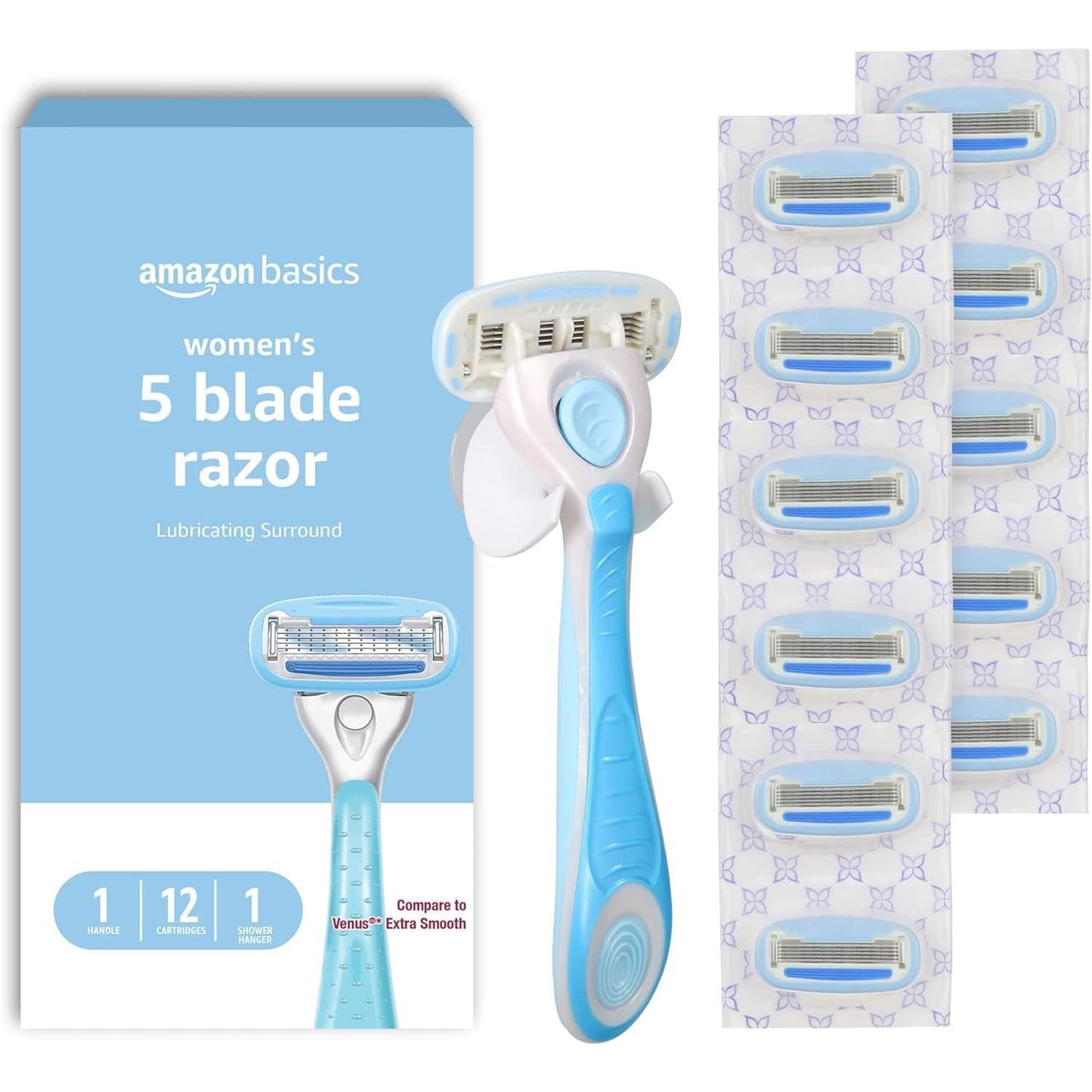Basics_5-Blade_Razor_for_Women,_Handle,_12_Cartridges_&_Shower_Hanger_(Cartridges_fit_Basics_Razor_Handles_only)_14_Piece_Set,_Blue