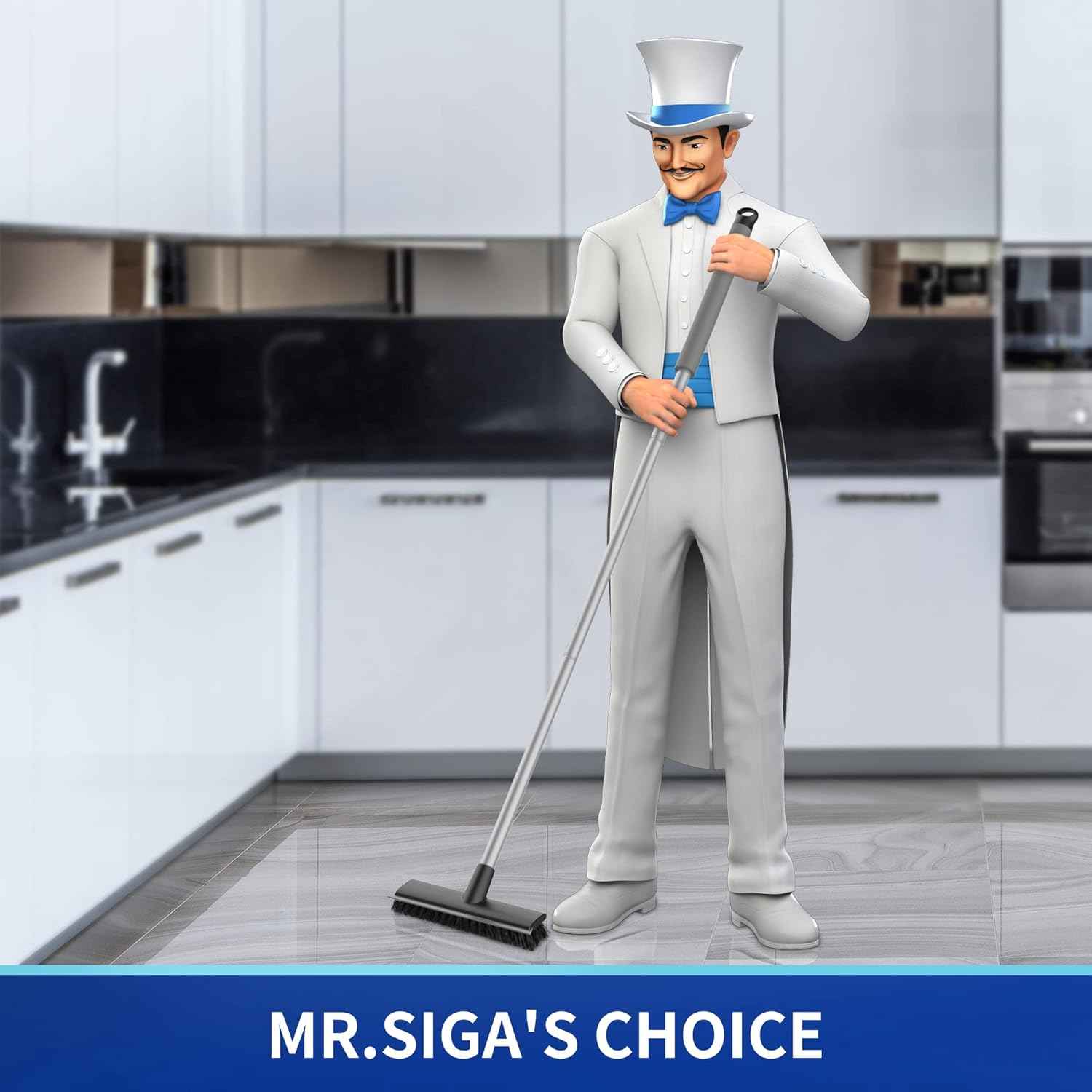MR.SIGA 2-in-1 Scrub and Squeegee Brush with Long Handle for Back-Saving Bathroom Floor Care