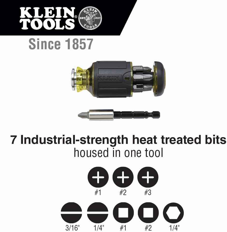 Klein Tools 32308 Stubby Multi-Bit Screwdriver – Fast Bit Swaps for Electricians on Tight Job Sites