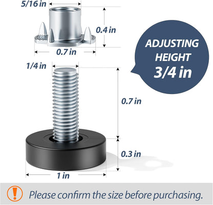 adjustable height range of 1/3" to 3/4" via threaded rotation