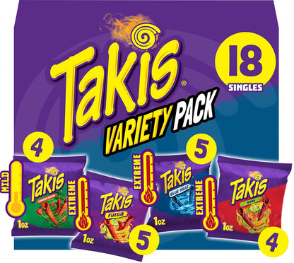 Takis_18_pc_/_1_oz_Variety_Pack,_Assorted_Flavored_Mixed_Rolled_Tortilla_Chips_–_(5)_Fuego,_Blue_Heat,_(4)_Nitro,_Crunchy_Fajitas