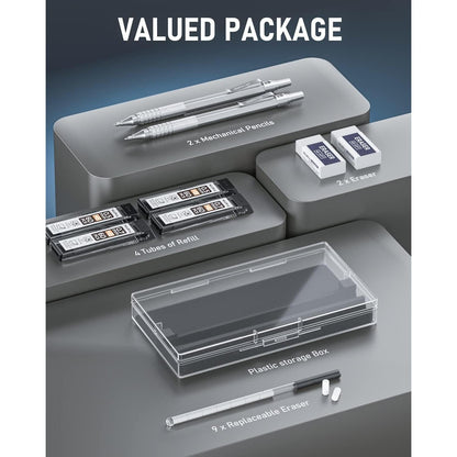 Nicpro_2_PCS_Mechanical_Pencil_0.5mm_&_0.7_mm_with_Case,_MP1000_Metal_Artist_Pencil_Set_with_4_Tubes_HB_Lead_Refills,_2_Erasers,_9_Eraser_Refills_For_Art_Writing_Drafting,_Drawing,_Sketch