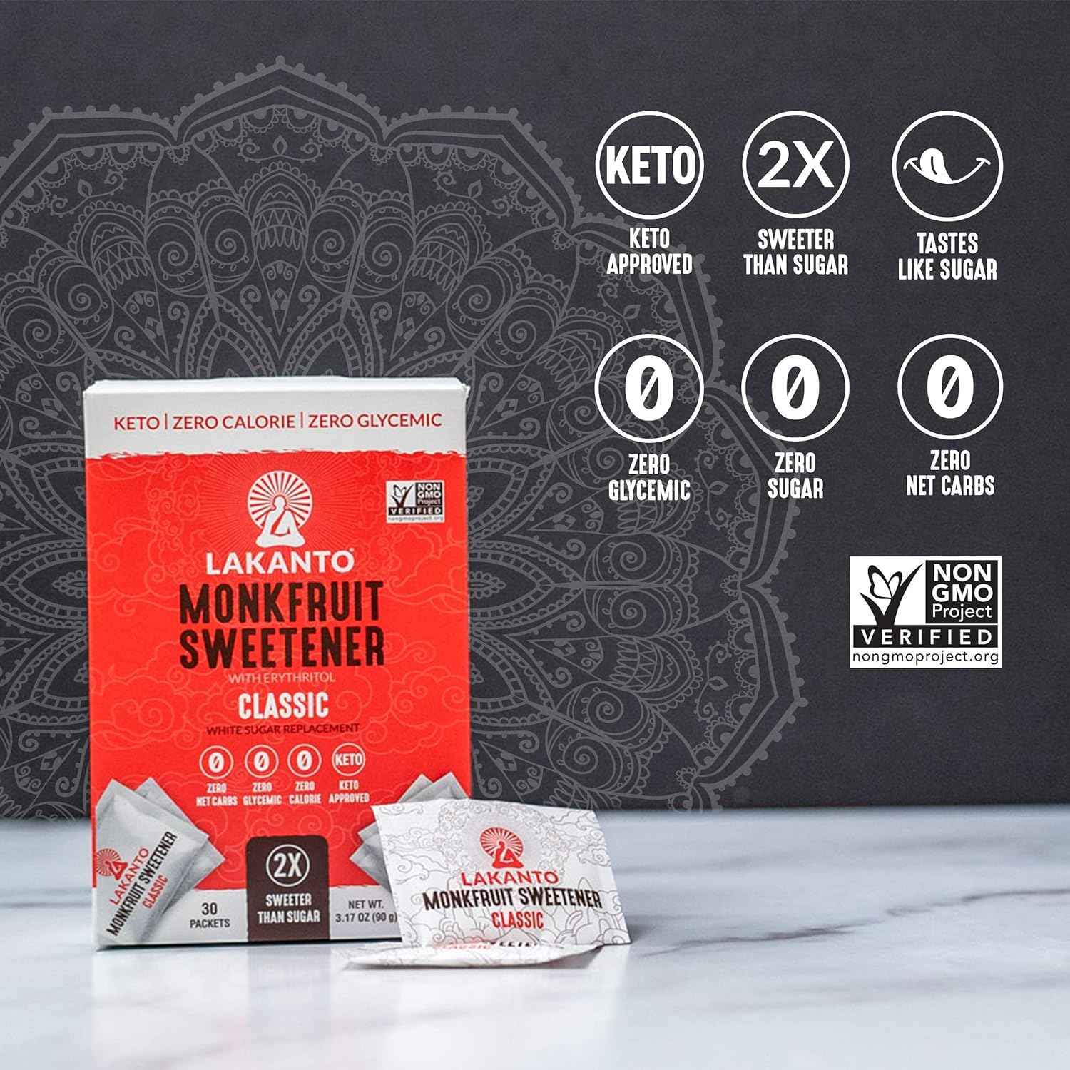 Lakanto Classic Monk Fruit Sweetener Packets – Zero-Calorie Daily Wellness Ritual for Tea, Coffee and Hydration on the Go