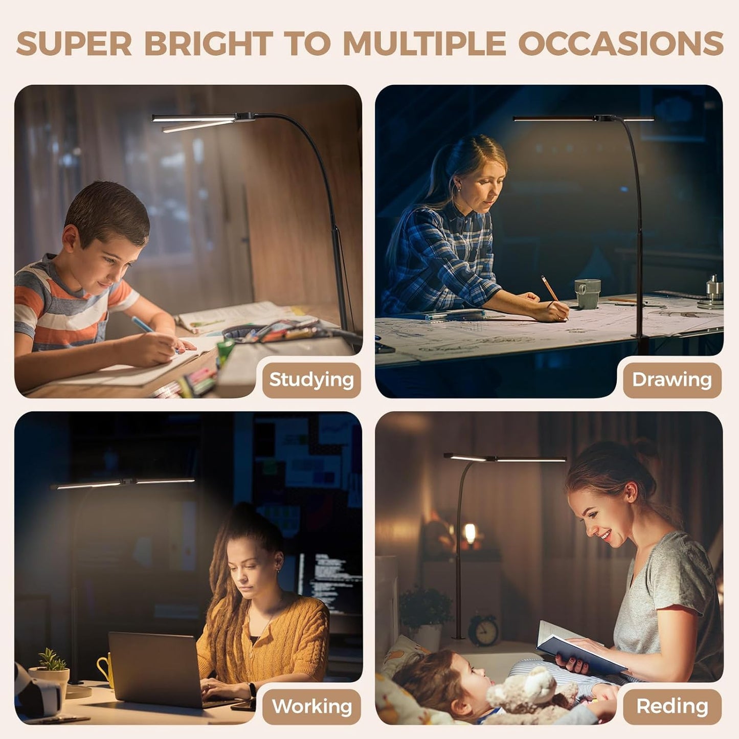 aluminum + metal construction with minimalist black or white finish, flicker-free led with reduced blue light