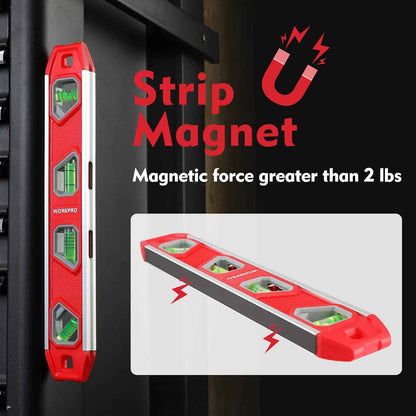 WORKPRO 12 Inch Torpedo Level - Slim Magnetic Leveler for Clean, Uncluttered Tool Belts and Pegboards