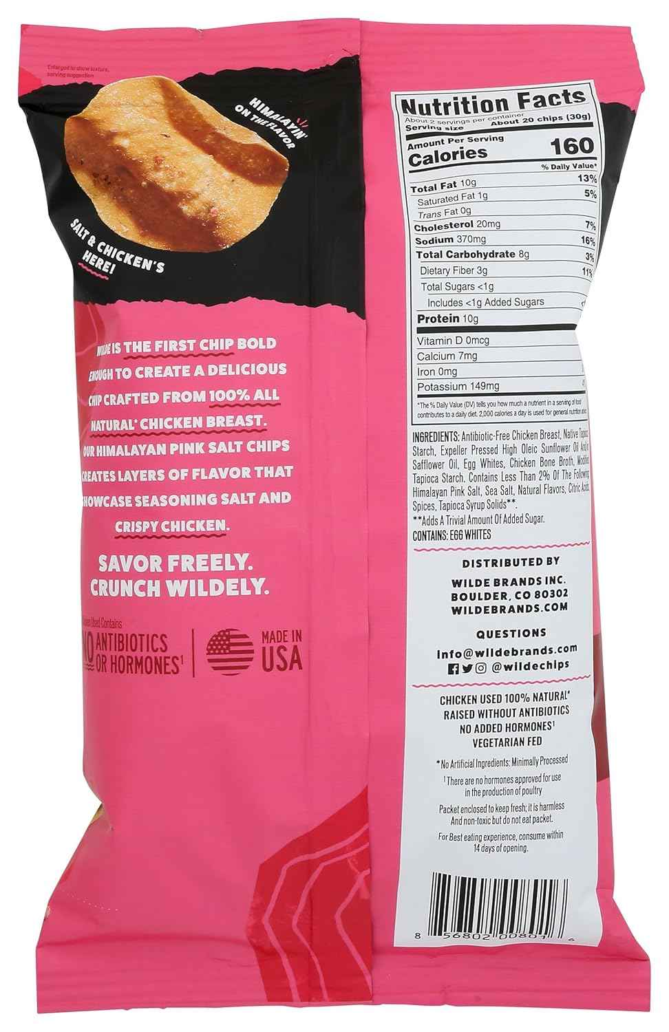 WILDE BRANDS Himalayan Pink Salt Chicken Chips – High-Protein Lunchbox Snack for Kids and School, 2.25 oz Pouch