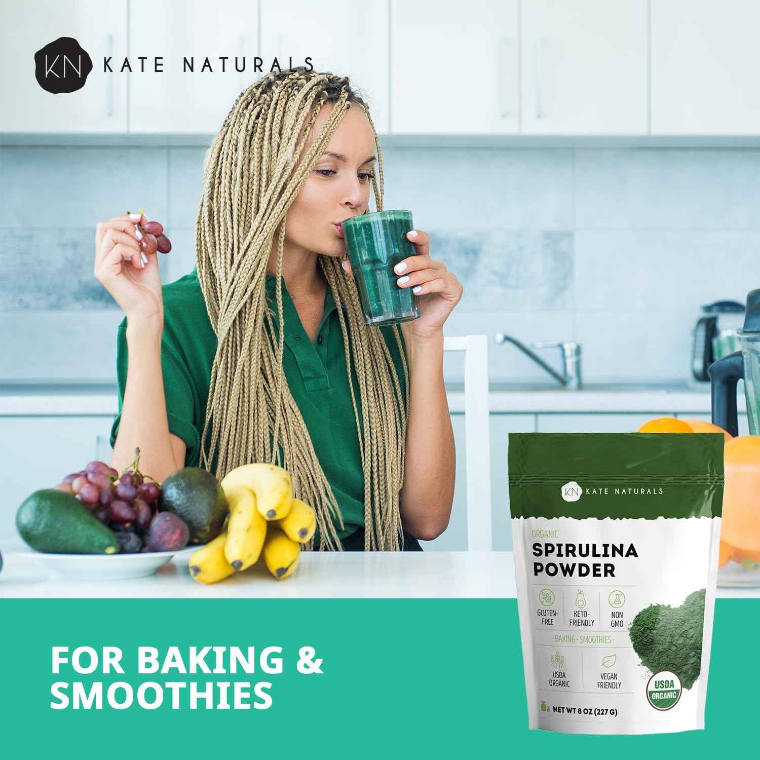 Kate Naturals Organic Spirulina Powder – Morning Wellness Ritual for Daily Nutrient Boost, 8 oz USDA Certified