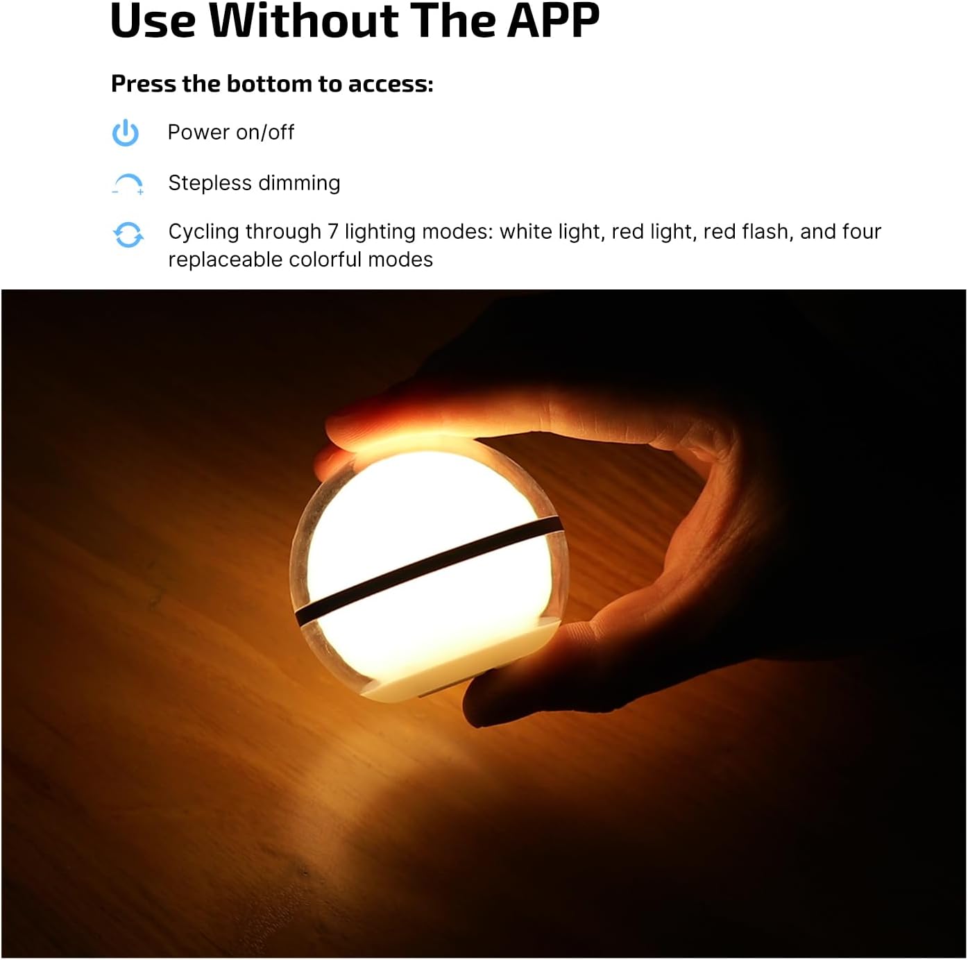 app control with 20 lighting modes including static colors, dynamic effects, and music rhythm