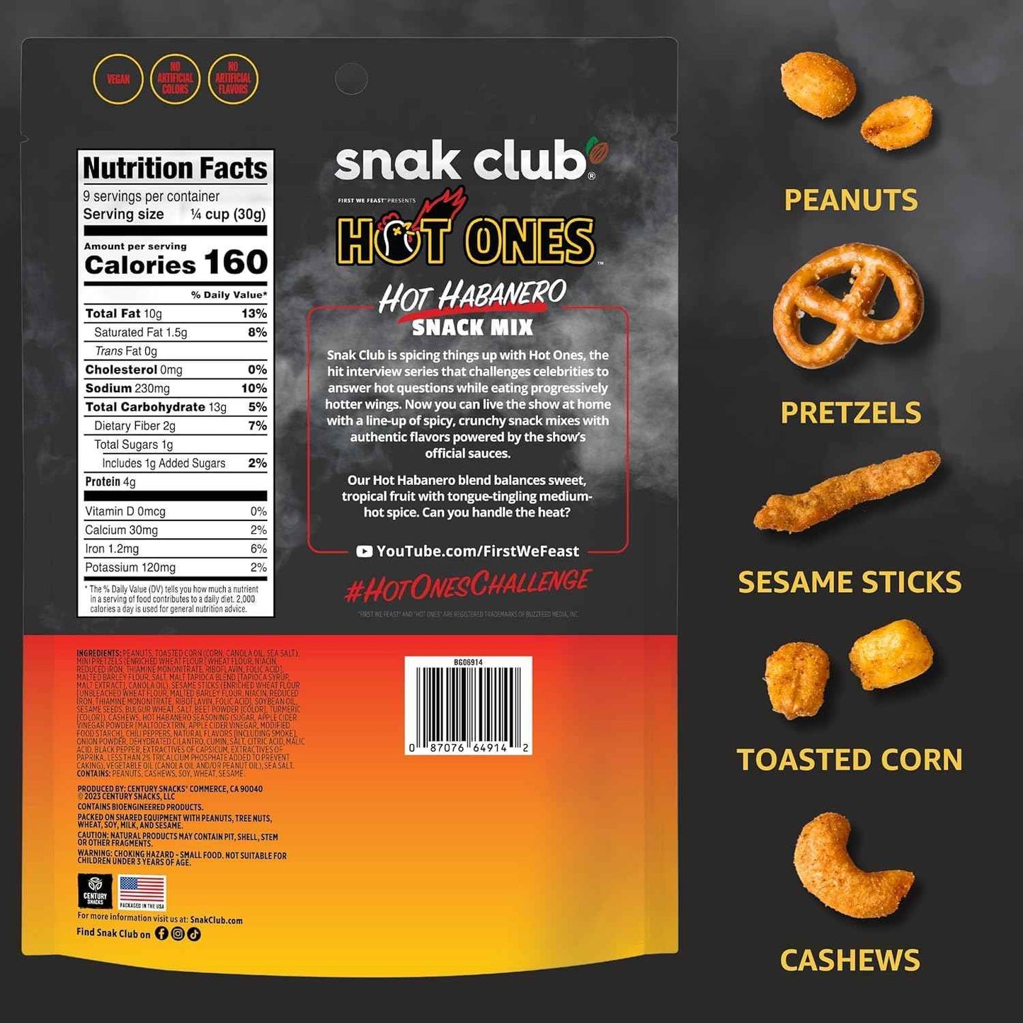 Snak Club x Hot Ones Hot Habanero Snack Mix – Novelty Birthday Gift for Hot Ones Super Fans and Spicy Food Lovers, 10 oz Shareable Bag
