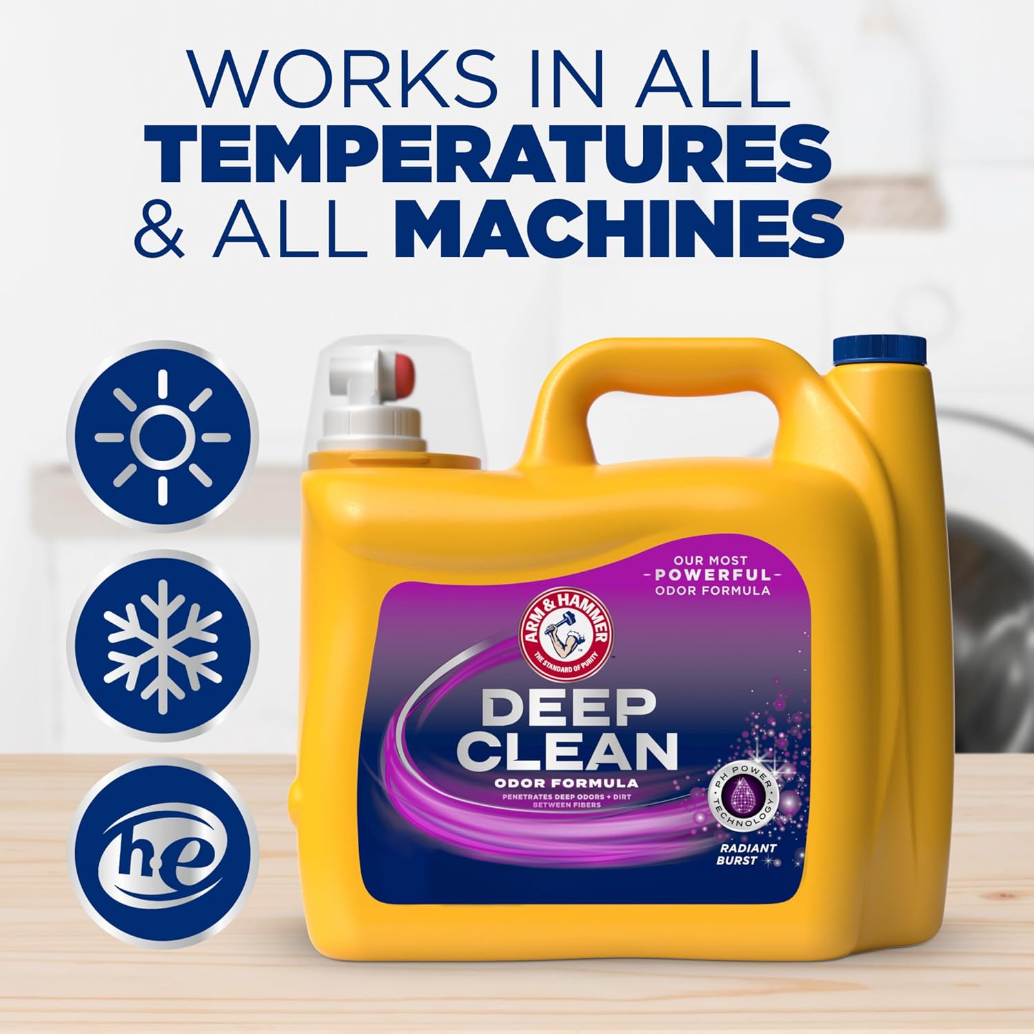 ARM & HAMMER Deep Clean Odor Formula Liquid Laundry Detergent, Radiant Burst Scent – Active Lifestyle Detergent for Hiking, Camping, and Trail Day Apparel, 150 Fl Oz, 100 Loads