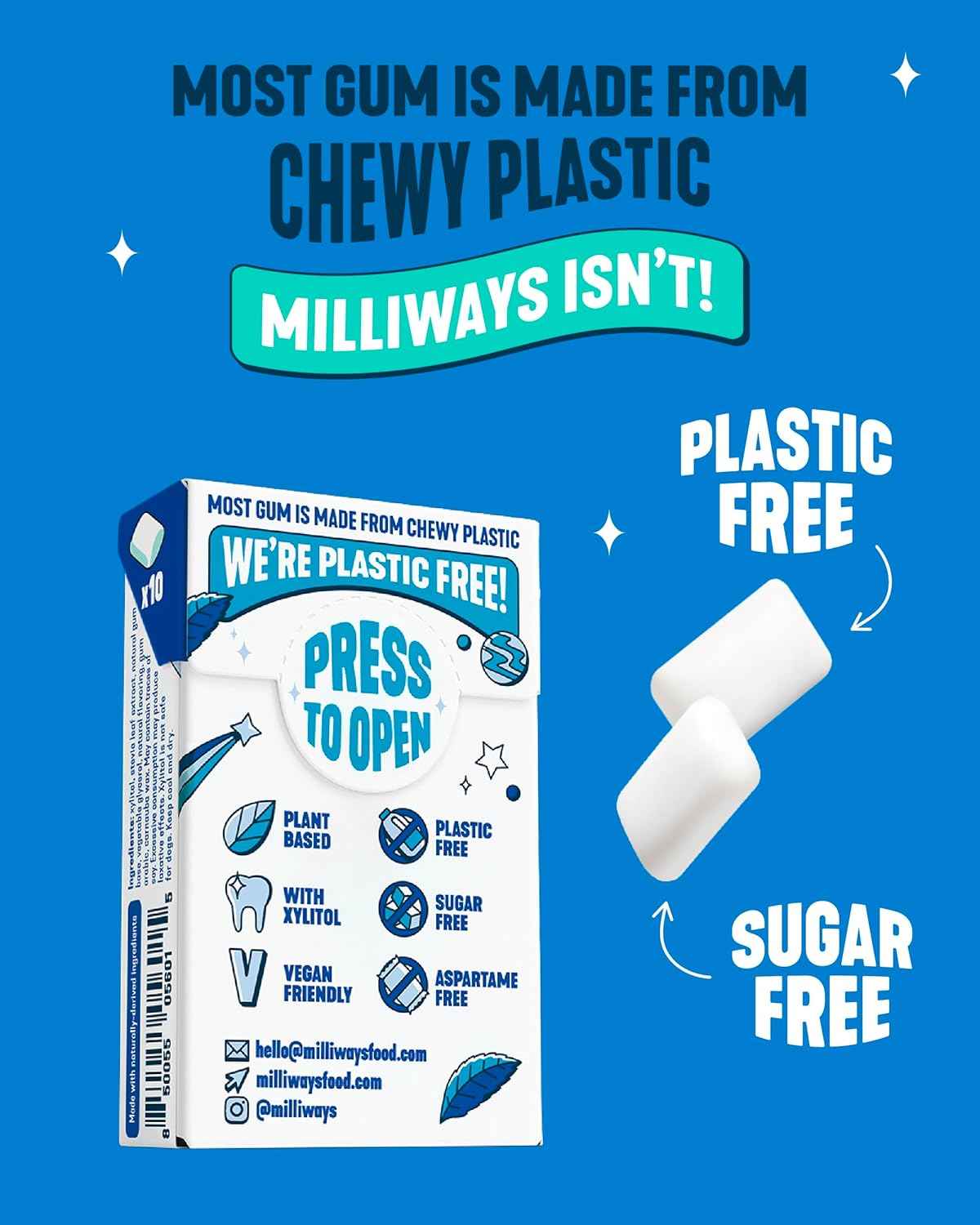 Milliways Mighty Mint | Plastic Free Gum for Mindful Self-Care Rituals, Xylitol Sugar-Free Chewing Gum