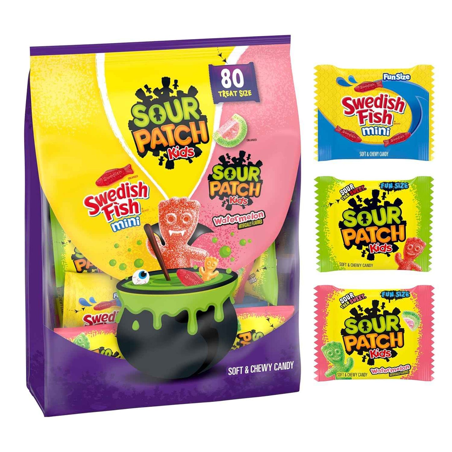 SOUR PATCH KIDS and SWEDISH FISH Halloween Candy Variety Pack for Kids Classroom Parties, Bulk 80 Trick or Treat Bags