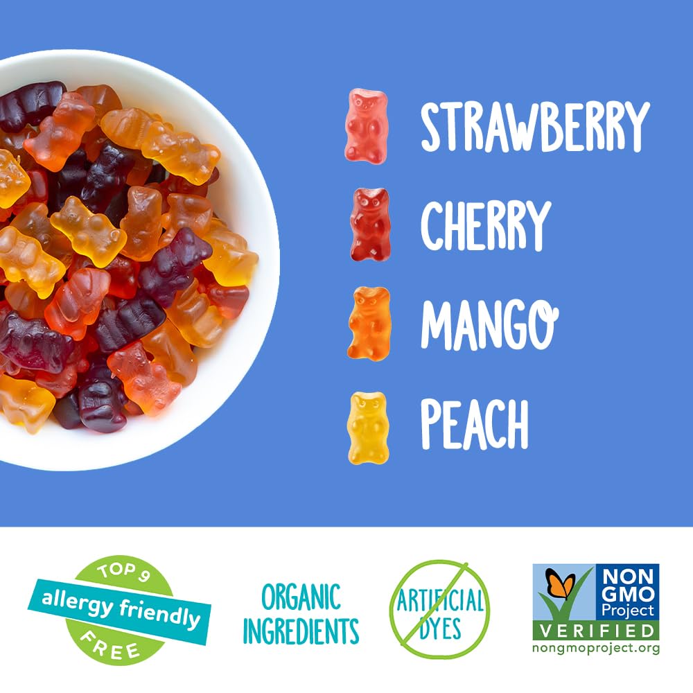assorted organic fruit flavors: strawberry, pomegranate, mango, peach