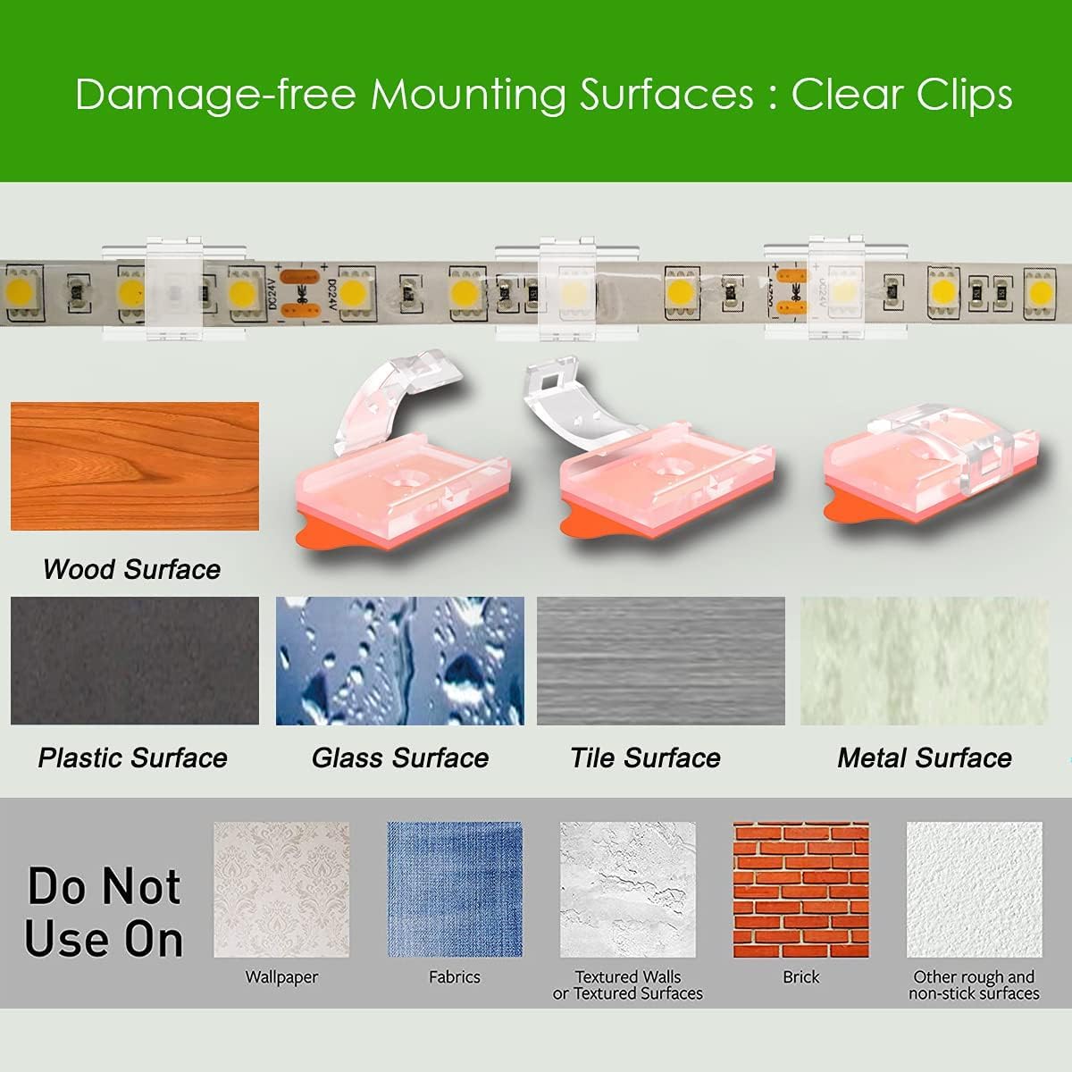 ATB Invisible LED Strip Mounting Clips for Clean Edge Room Corners, 10mm Clear Self-Locking Brackets, 100 Pack Minimalist Setup