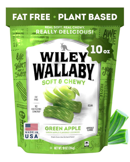 Wiley Wallaby Green Apple Licorice – Resealable 10 oz Pouch for Road Trips, Car Snacks & Picnics