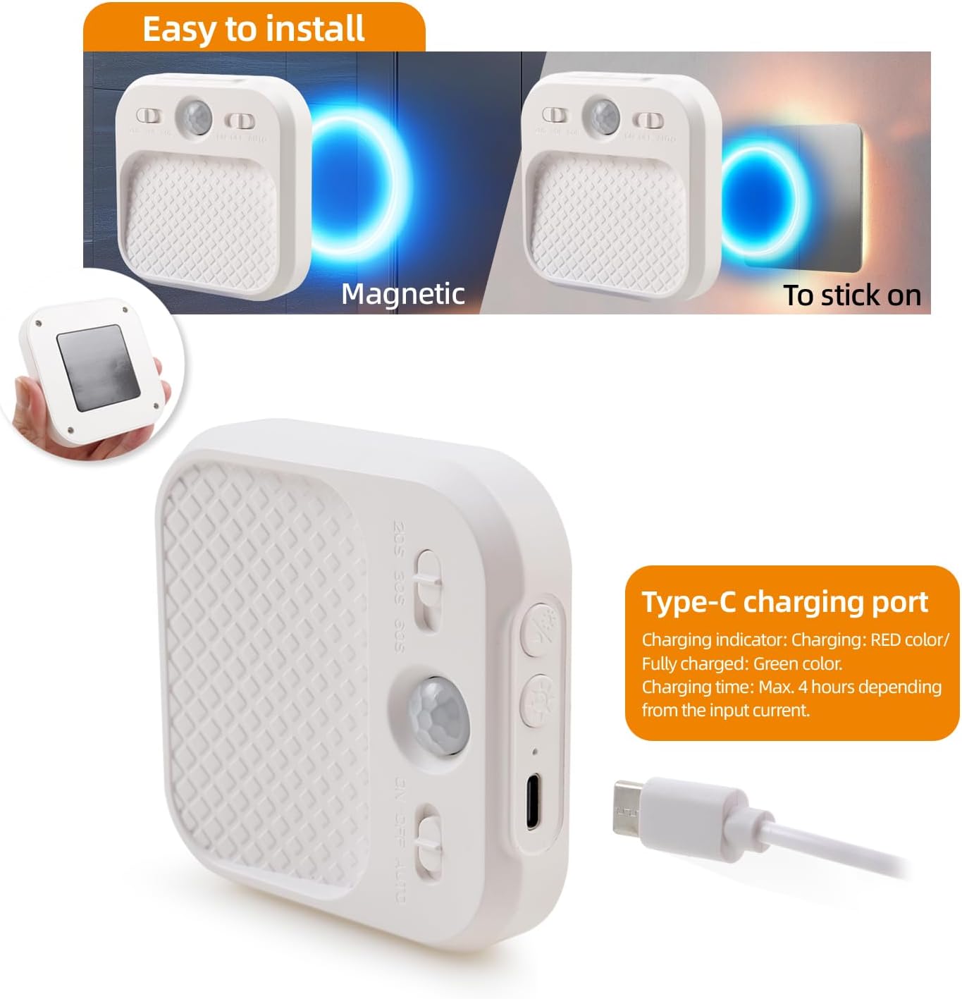 auto-off timer with 20/30/60-second options plus all-day or night-only sensing modes