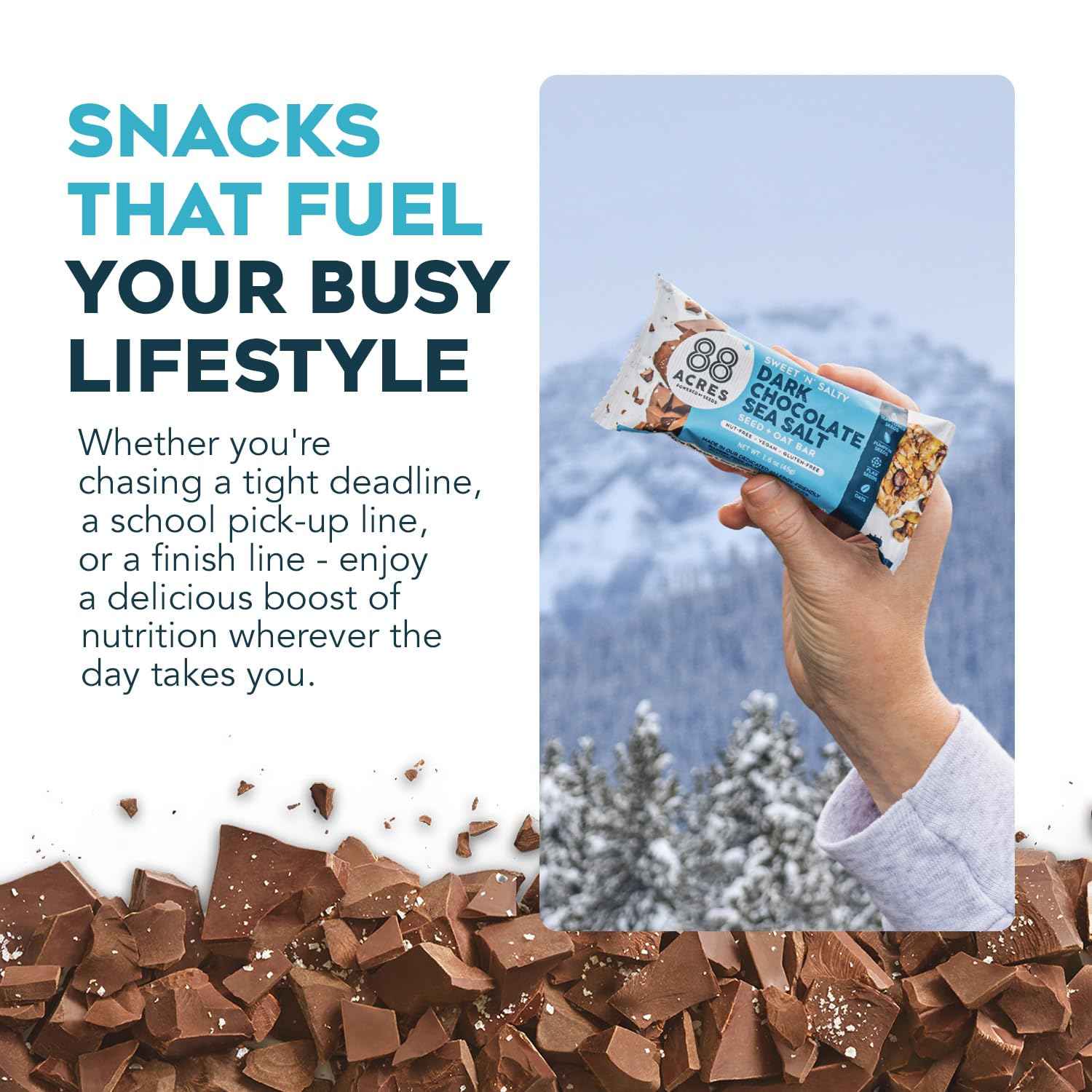 88 Acres Dark Chocolate Sea Salt Seed Bar – Trail Ready Plant-Based Fuel for Hiking and Camping, 1.6 oz