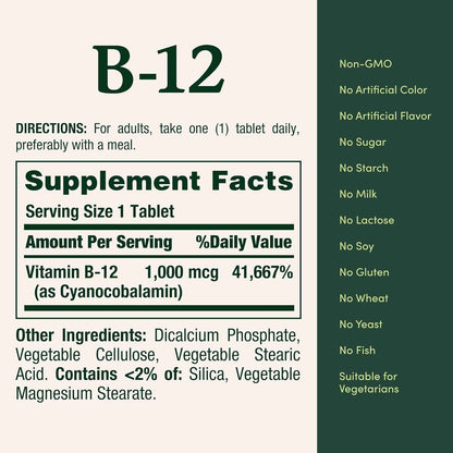 Nature's Bounty Vitamin B12 1000 mcg – Non-GMO Vegetarian Supplement for Clutter-Free Counters