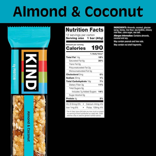 KIND Healthy Snacks Almond & Coconut Bar – Clean-Label Pantry Snack for Wellness Routines, 4g Plant Protein