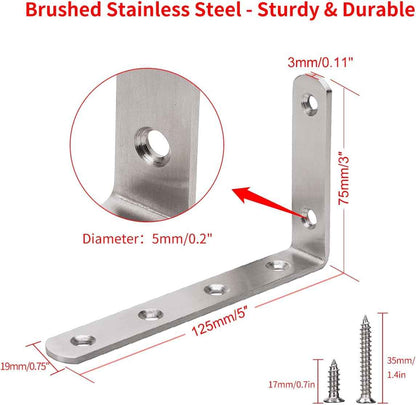 YUMORE Heavy Duty Shelf Bracket – Solid Stainless Steel L Brace for Home Office Wall Storage, 90 Degree Accuracy, 4 Pack