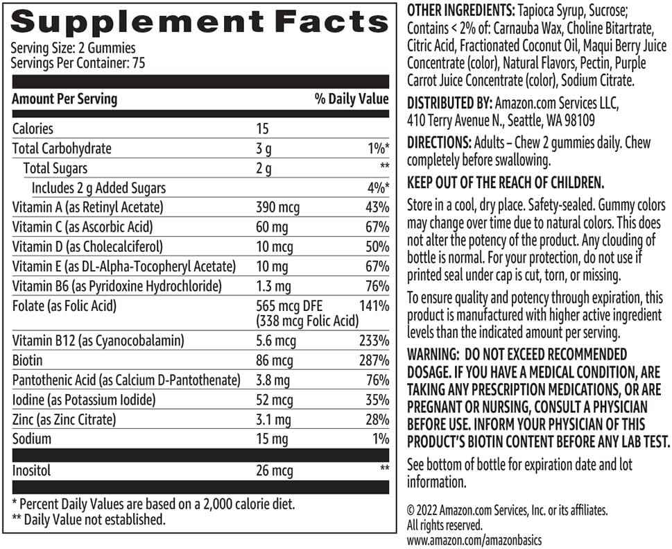 Amazon Basics Mixed Berry & Cherry Adult Multivitamin Gummies – 150 Ct, 75-Day Housewarming Gift for the New Home Supplement Shelf