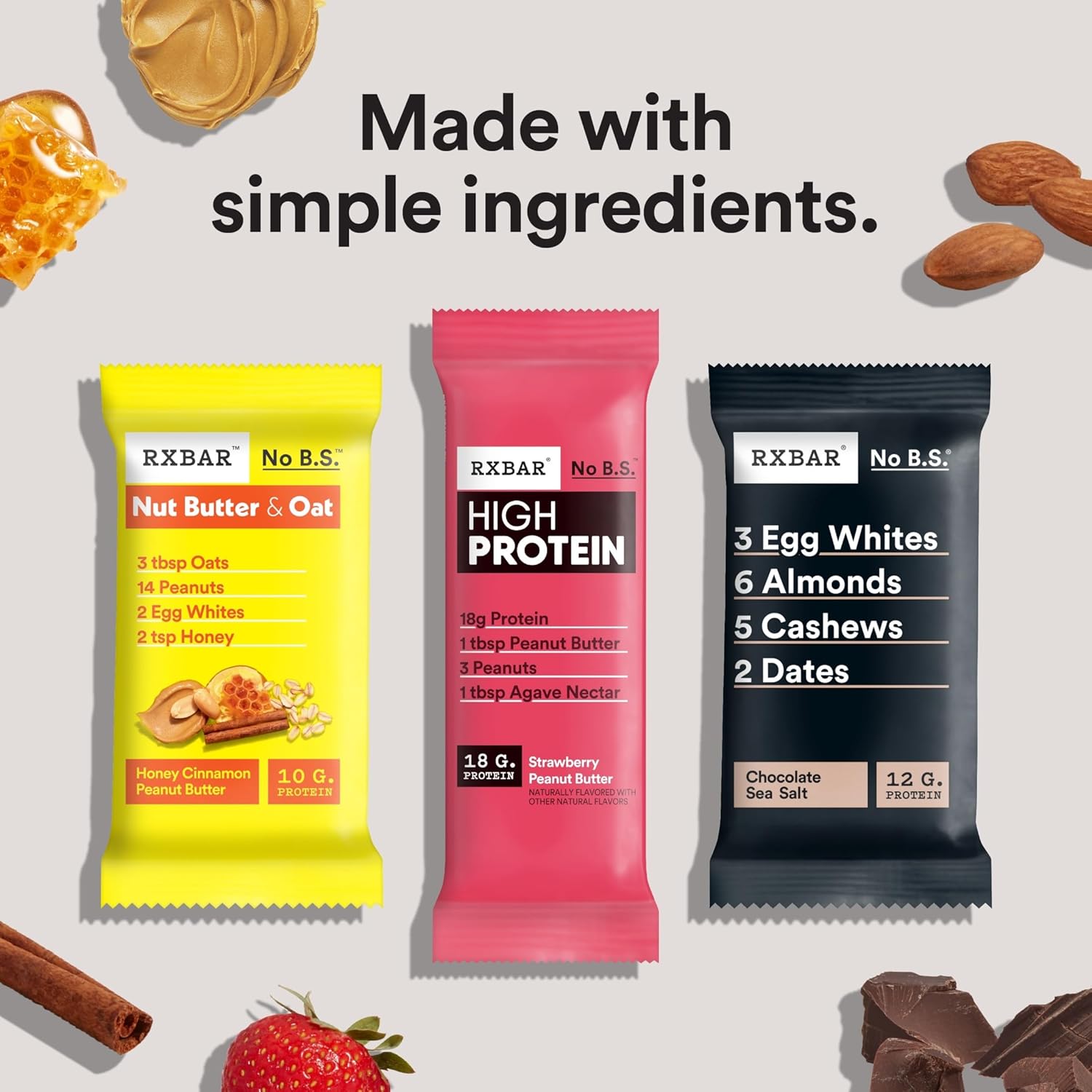 available in strawberry peanut butter and vanilla peanut butter flavors across 10-, 12-, and 30-bar pack sizes
