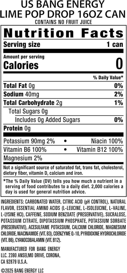 Bang Energy Lime Pop Drop – Sugar-Free Daily Wellness Drink for Mindful Calorie Counters, 16-Ounce Pack of 12