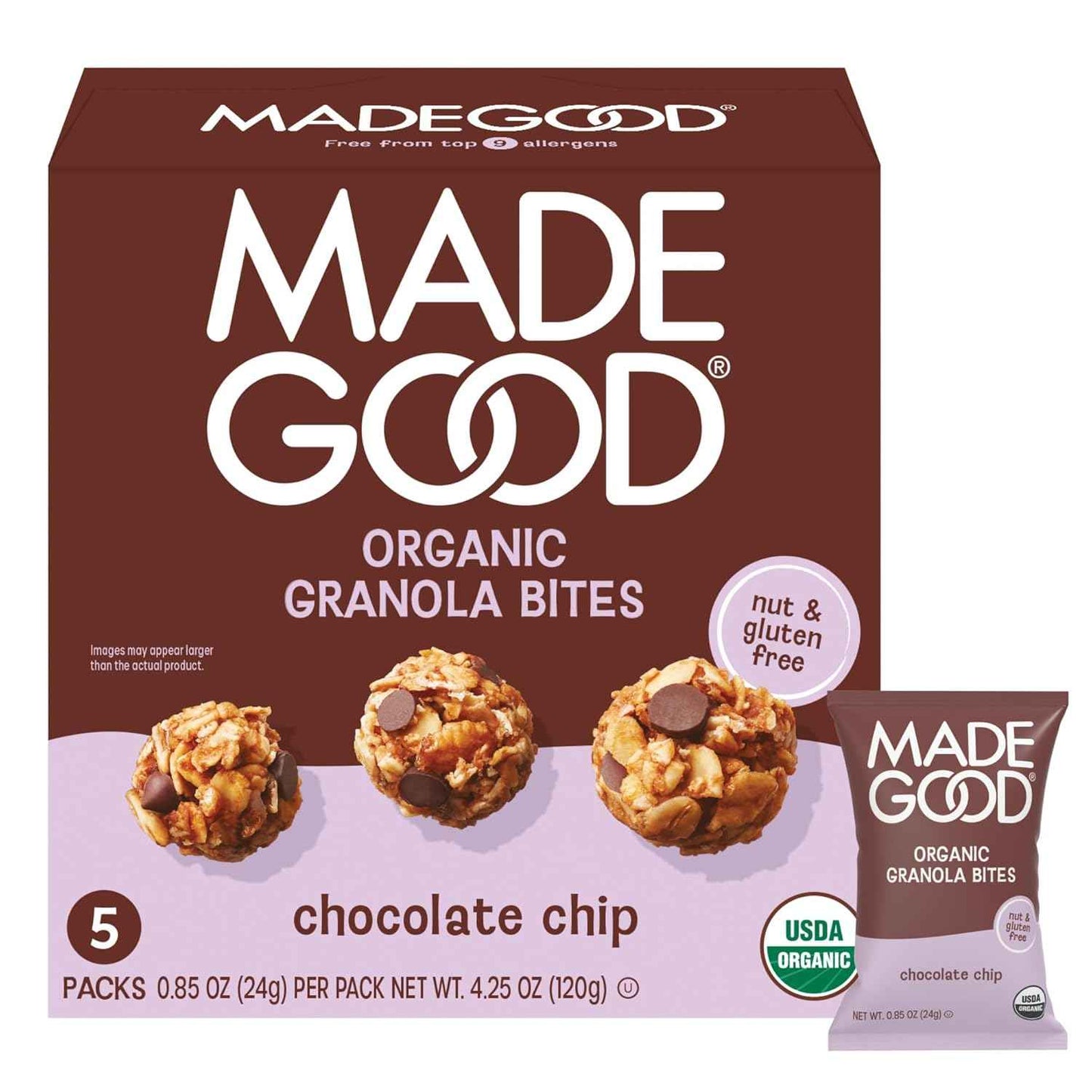 MadeGood Chocolate Chip Granola Bites – Nut-Free Facility Snack for Severe Allergy Households, Cross-Contamination Safe