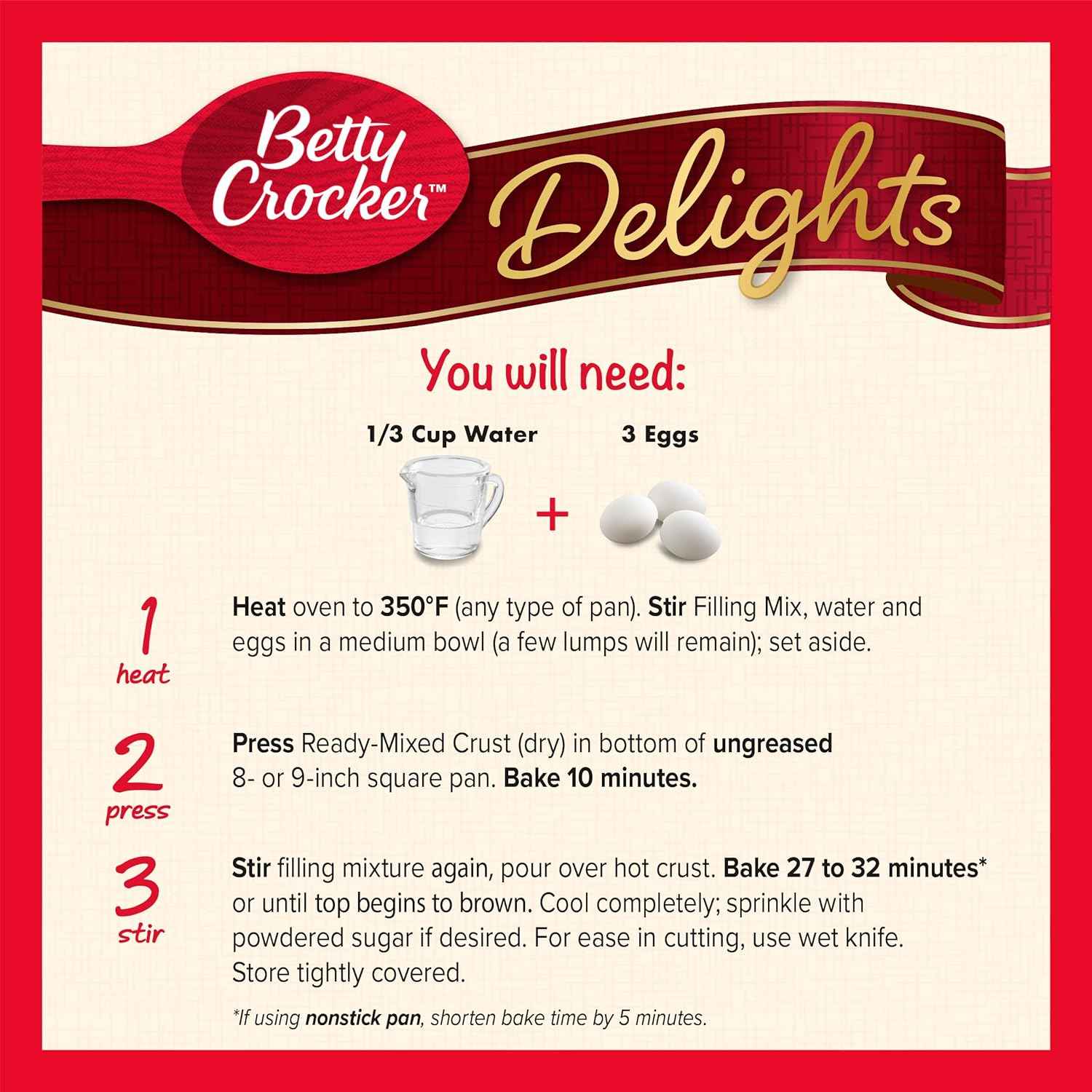 Betty Crocker Delights Supreme Lemon Bars Mix, 16.5 oz – Quick Weeknight Dessert That Fits a Busy Work-From-Home Schedule