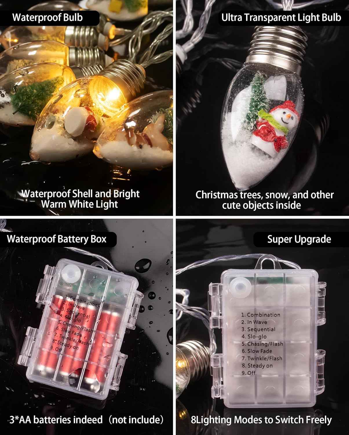 LumaGlow Snow Globe String Lights – Child Safe Acrylic Bulbs for Nursery, Playroom and Kids Bedroom Holiday Glow
