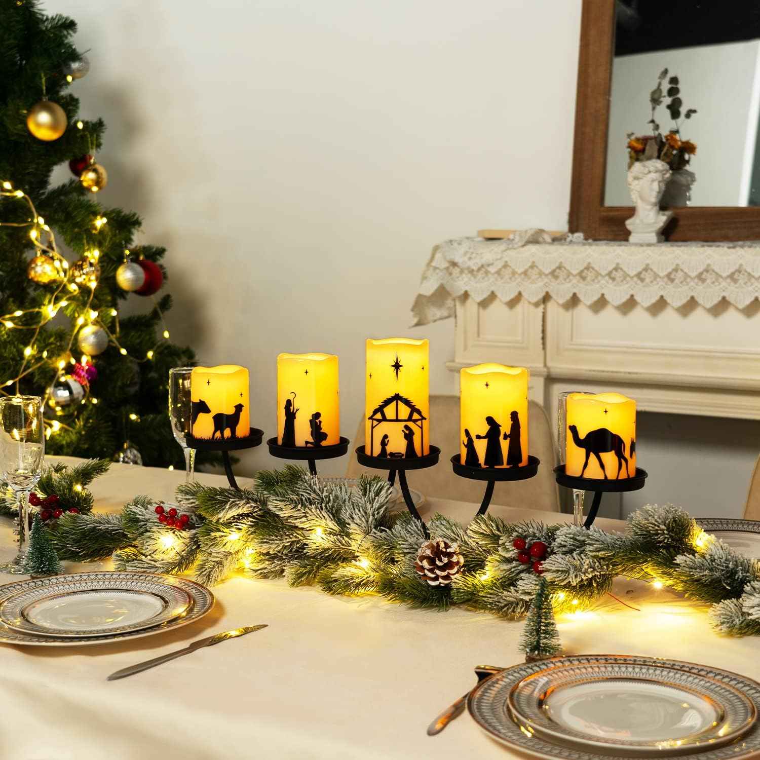 Homemory Nativity Scene Pillar Candles - Living Room Mantel Centerpiece Decor for Cozy Christmas Aesthetic, 5 Flameless LED Set