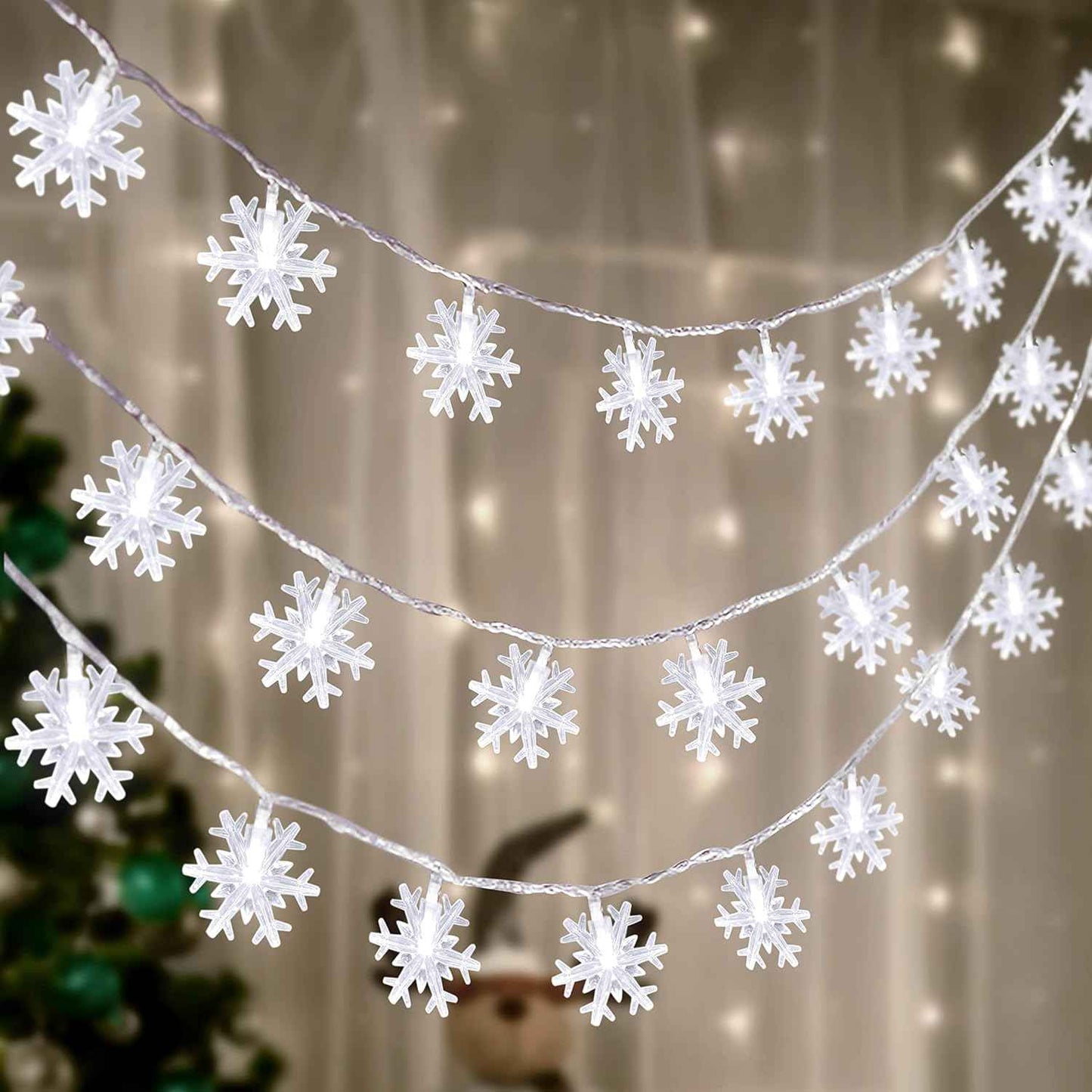 Snowpin Snowflake String Lights – Patio and Garden Railing Decor, Weather Friendly 42.6ft LED Set for Outdoor Evening Ambiance